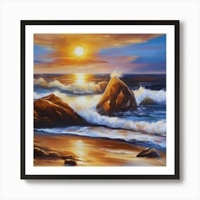 The sea. Beach waves. Beach sand and rocks. Sunset over the sea. Oil on canvas artwork.21 Art Print