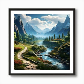 Path Through The Mountains, A Winding Path Through Various Landscapes Mountains Forests Rivers Indicating The Thrill 2 Art Print