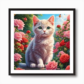 The Enchanted Rose Garden Cat Art Print