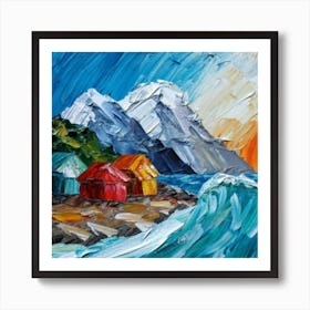 Acrylic and impasto pattern, mountain village, sea waves, log cabin, high definition, detailed geometric 11 Art Print