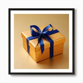 Gold Gift Box With Blue Ribbon Art Print