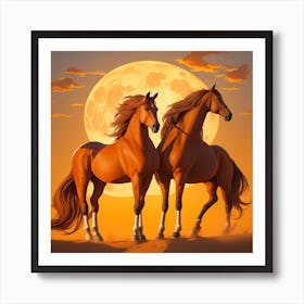 Two Horses In Front Of The Moon Art Print