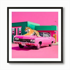 Tiger on a pink car Art Print
