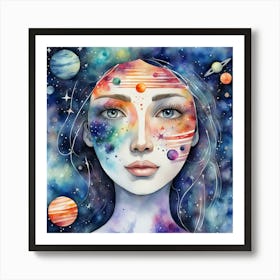 Watercolor Of A Girl With Planets Art Print