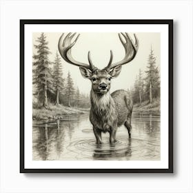 Deer In Water 15 Art Print