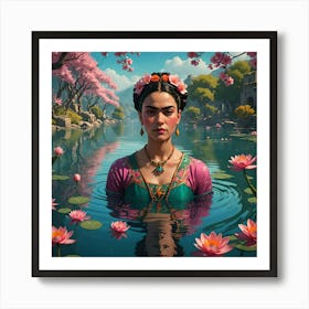Frida Kahlo On The Lake of Blossom Art Print