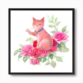 Pink Cat With Roses Art Print