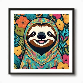 Cute Sloth Surrounded By Flowers Art Print