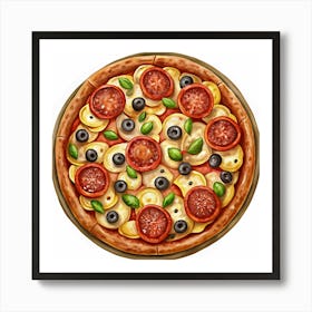 Pizza With Tomatoes, Olives, And Basil 1 Art Print