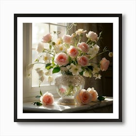 Pink Roses In A Vase Art Print