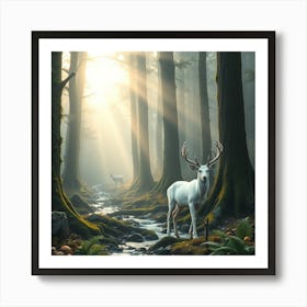 Majestic White Deer in the Forest Art Print