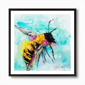 Blue And Yellow Watercolor Mindful Bee Square Art Print