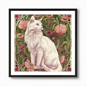 White Cat With Flowers 1 Art Print