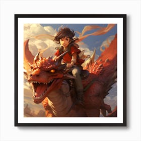 Anime Dragon Rider Smiling, Fantasy Fiction Adventure Art Print