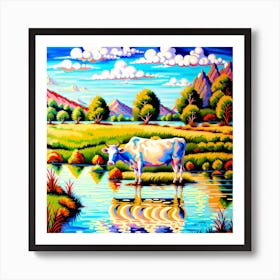 Cow By The River Art Print