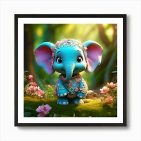 Firefly 3d, Animated, Cute, Little, Round, Turquoise, Elephant, Baby, Forest, Pink Flowers, Whimsica (6) Art Print