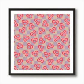 LOVE HEARTS CHECKERBOARD Tossed Retro Valentines in Red Pink Blue on Beige Lavender Purple Geometric Grid Art Print