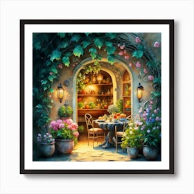 Quiet and attractive dining nook, overgrown flowers, high quality, detailed, highly 3D, elegant carved cart, 17 Art Print