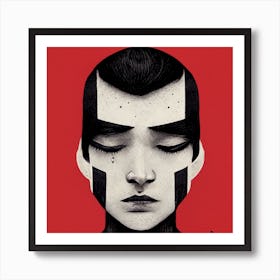 Sad boy on red background Art Print