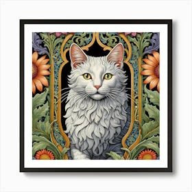 Cat With Flowers william morris inspired art Art Print