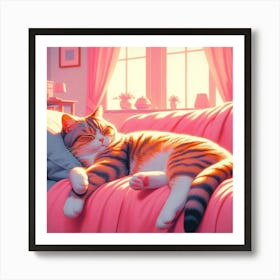 Cat Sleeping On Bed Art Print