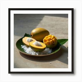 Ripe mango peeled,showing yellow flesh inside.Place on a plate topped with thick coconut milk and soft white glutinous rice. Sprinkle with small crunchy soybeans.Topped with fresh coconut milk. White,thick,sticky and there was smoke aura spred all over a large golden and white aura attacked the white and gray aura. The background is a mango tree. With yellow mangoes, fully ripe, Phu Chao, bright sunlight, 4k resolution. 3 Art Print
