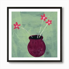 Simple Flowers On Olive Green - minimal floral square Art Print