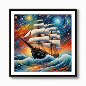 Starry Voyage: Neo-Impressionist Ship Painting wall art Art Print