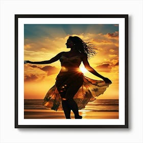 Silhouette Of A Woman Dancing At Sunset Art Print