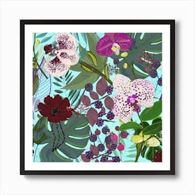 Orchid And Cosmos Flower Botanical Floral Pattern Square Art Print