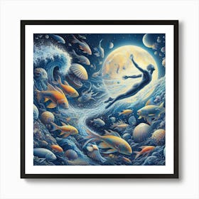 Swimming Mermaid In The Sea Art Print