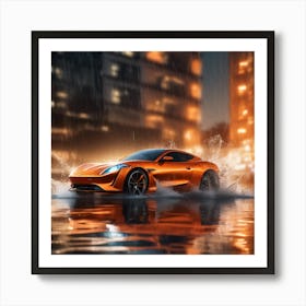 Orange Sports Car in Water  Art Print