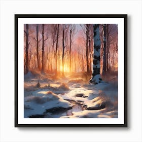 Winter Woodland Stream at Sunset 3 Art Print