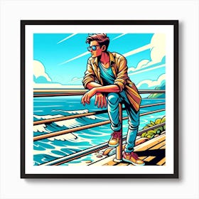 Young Man Sitting On Railing Art Print