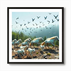 Wild Harmony: Horses, Dogs, and Birds in a Free-Spirited Journey Art Print