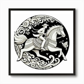 A Guy Riding A Beautiful Horse Fast Around A Curve Folk Art Stlye Art Print