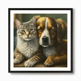 Dog And Cat Snuggle Art Print