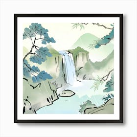 Waterfall In The Mountains ink style Art Print