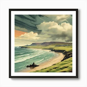 Stormy And Rainy Ireland Retro Landscape Beach And Co Art Print