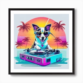 Retro Dog Dj Playing Set Turntables Vinyl Disc Art Print