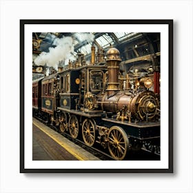 Steampunk Train At Londons Victoria Station Close Up Showcasing Brass Gears And Mechanical Works Art Print