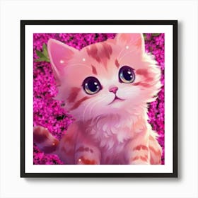 Cute Kitten In Pink Flowers Art Print