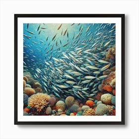 Sardines Gathering Around A Coral Reef In A Vibrant Mosaic, Style Digital Mosaic Art Print