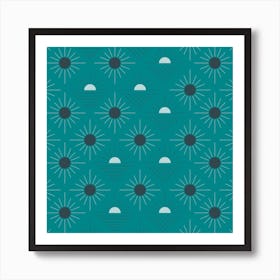 Geometric Pattern With Suns On Green Square Art Print