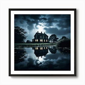 Old House Reflected In A Tranquil Pond Cumulus Clouds Undulating Above Set Against A Stark Black B Art Print