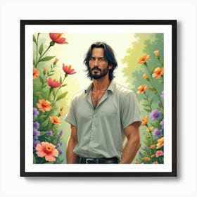 Keanu Reeves In A Peaceful Watercolor Garden With Colorful Flowers Art Print