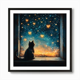 Dreamy Night Sky with Heart Stars Cat 1 Art Print