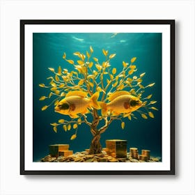 Gold Fishes On A Tree Art Print