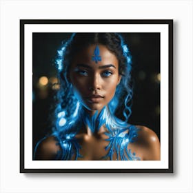 Woman with neon blue body art Art Print