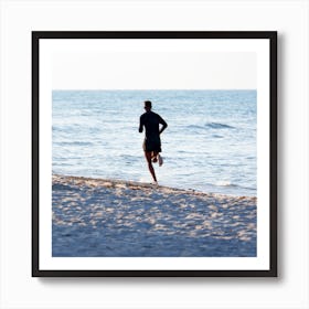 Beach Jogger sport water sea waves square man guy running run runner photo photography Art Print